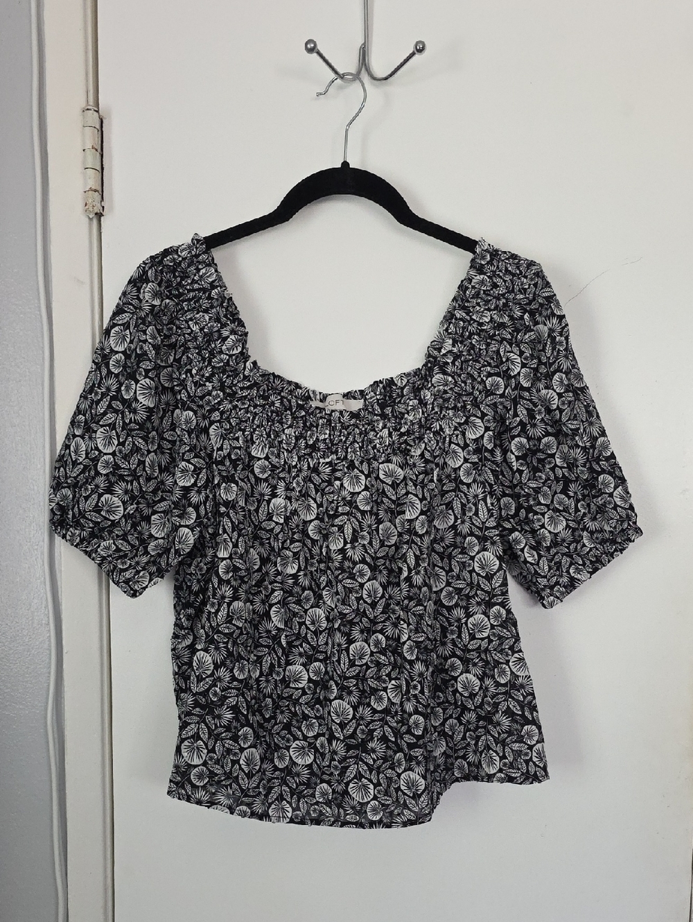LOFT Black and White Floral Smocked Neck Blouse